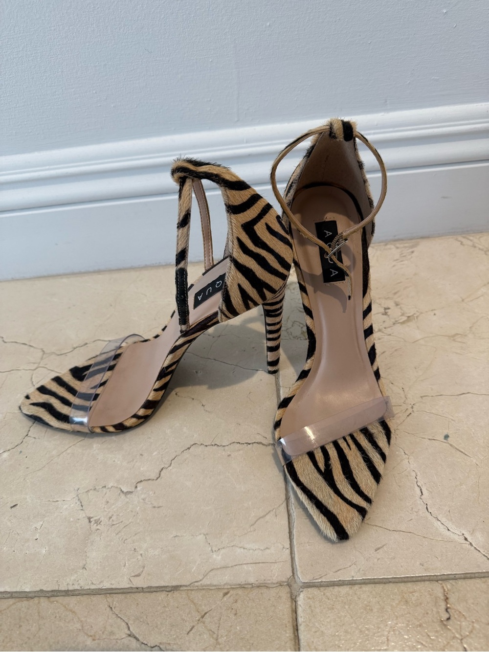 Aqua Beige and Black Zebra-Print High Heel Sandals